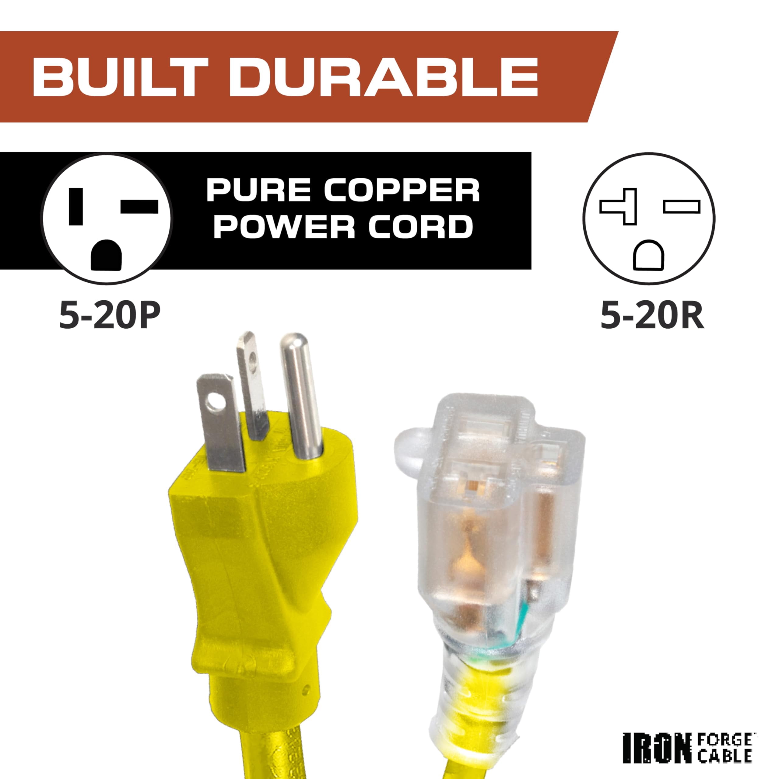 Iron Forge Cable 10 Ft Extension Cord - Nema 5-20 Extension Cord, 5-20P to 5-20R Lighted Yellow SJTW 12 Gauge Electric Cable, 20 Amp Heavy Duty