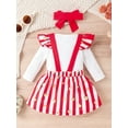 thumbnail image 5 of Musuos Baby Girl 3 Piece Set, 3 6 12 18M Long Sleeve Romper + Bear Embroidery Striped Suspender Skirt + Red Bow Headband Outfits, 5 of 10