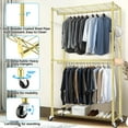 thumbnail image 3 of Adnoom 3 Tiers Heavy Duty Clothes Rack, Free-Standing Double Rods Clothing Closet Rack for Hanging Clothes, Garment Rack with Lockable Wheels & 2 Side Hooks, Gold, 46.8" x 17.6" x 80", 3 of 7