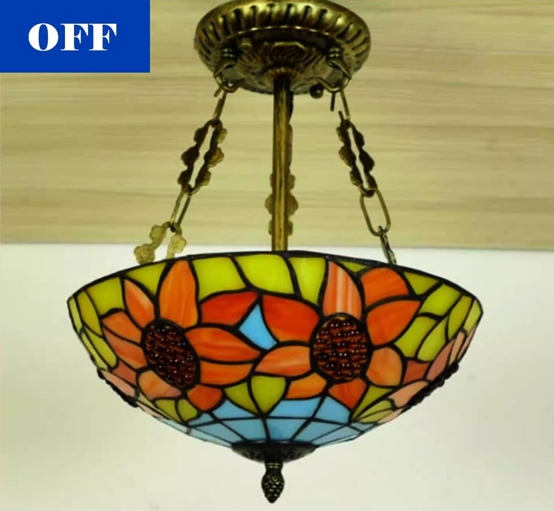 Kiven 11.8in Flush Mount Ceiling Light Fixture Dimmable, 2-Light Anti Glare Close to Ceiling Light with 15FT Plug-in Cord, Tiffany-Style Glass Chandelier for Bedroom Kitchen Hallway(No.3220)