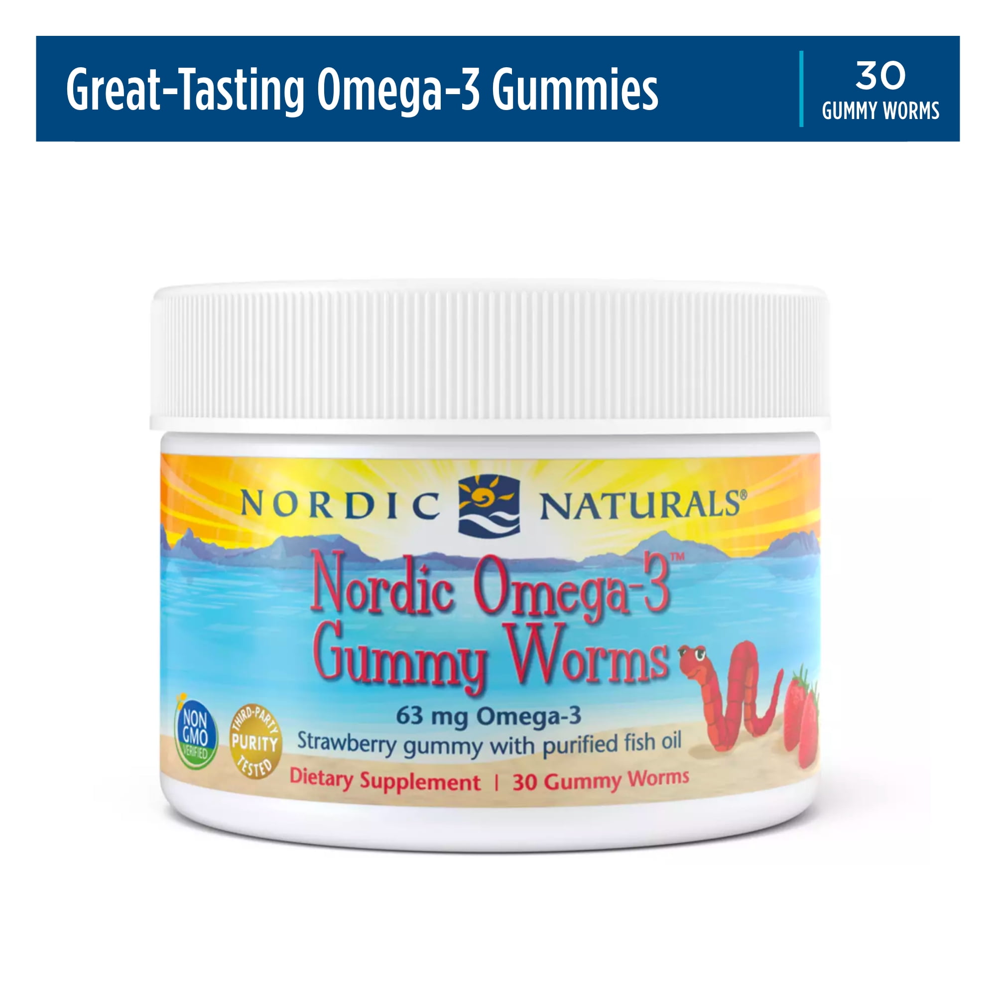 Nordic Naturals Nordic Omega-3 Gummy Worms, Strawberry, 63 Mg, 30 Ct