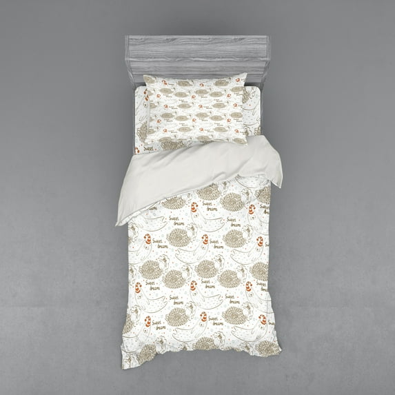 Saying Duvet Cover Set, Sleeping Animals Pattern Sheep and Cat Cartoon with Dotted Backdrop, Bedding Set with Shams and Fitted Sheet, 3 Sizes, by Ambesonne
