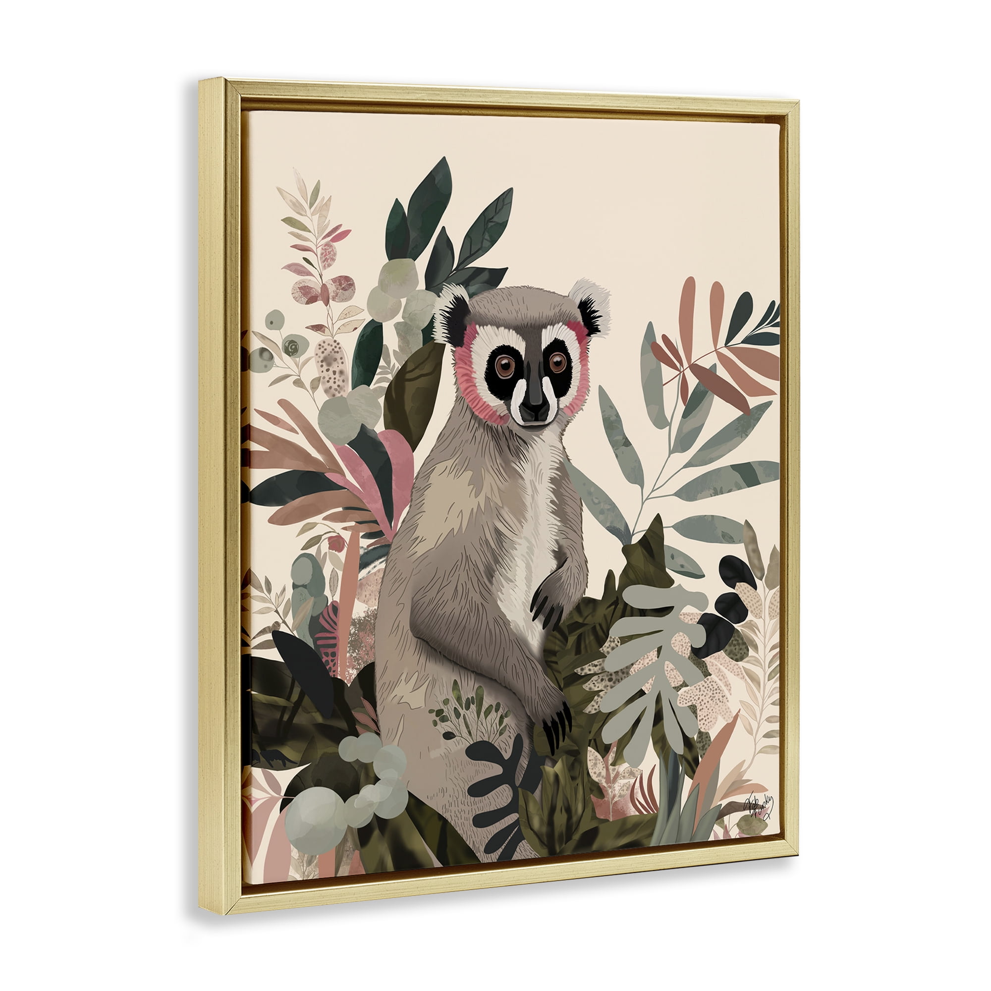 Stupell Industries Lemur in Tropical Tree Animals & Insects Painting Gold Floater Framed Canvas Art Print Wall Art, 25 x 31
