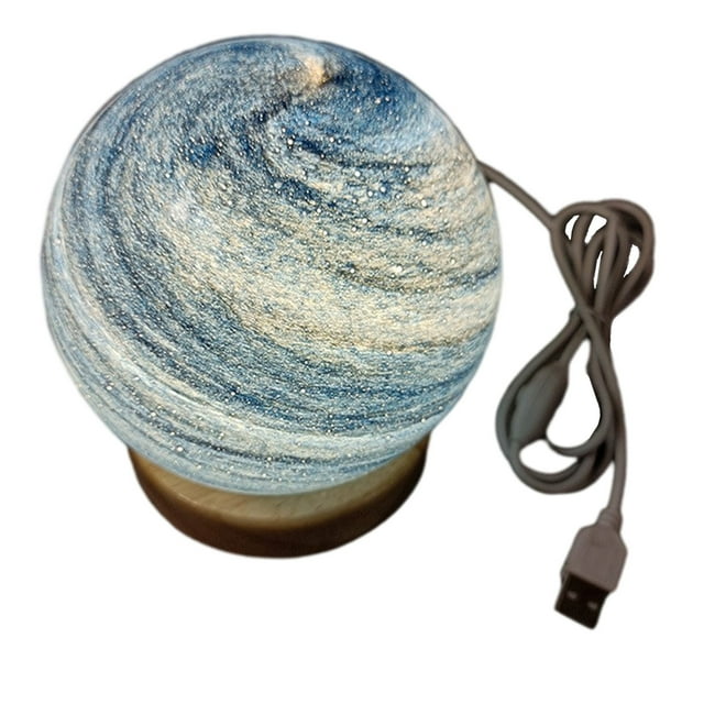 Led Three Dimensional Dimmable Planet Night Light Glass Blown With Wood Base Color Changing Remote Control For Bedroom Bedside Decoration Birthday Gift 14Cm Diameter