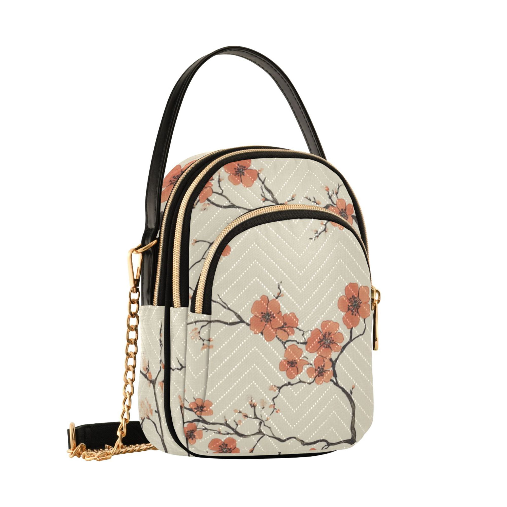 FORMRS Crossbody Bag for Women Quilted Travel Shoulder Cell Phone Purse with Chain Strap Handbag, Light Red Flowers