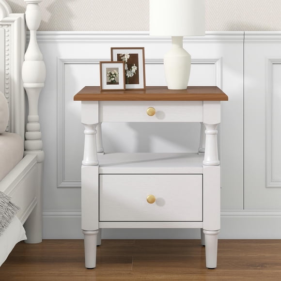 Noble House Modern Nightstand with Drawers, Wooden Bedside Table with Non-Slip Feet,White