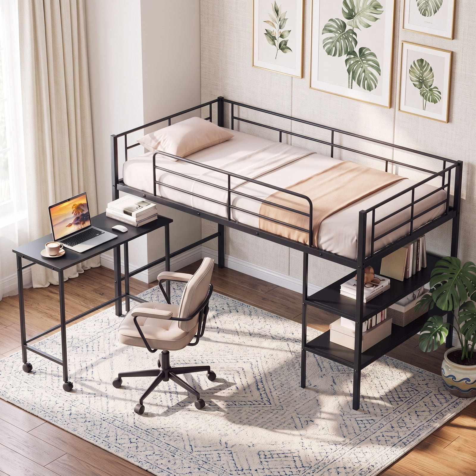 Furnibear Twin Size Loft Bed with Rolling Desk and Bookshelf for Home Office Bedroom, Space-Saving Metal Loft Bed Frame with Ladder, Black