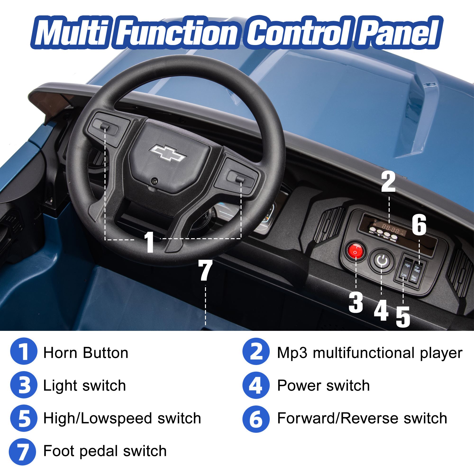 Chevrolet Silverado 24V Powered Ride on Cars for Kids, Extra large Real 2 Seat Ride on Toys with Remote Control, LED Light, MP3 Player, Electric Vehicles Ride on Truck for Boys Girls Gifts, Blue