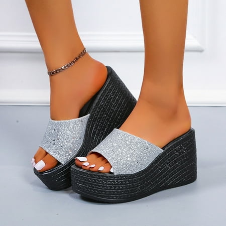 

HIBRO Ladies Fashion Sequined Fish Mouth Platform Wedge Casual Sandals