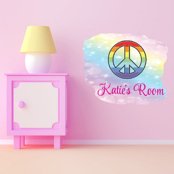 Home Watercolor Custom Name Wall Decals for Bedroom - Colorful Background Peace Sign Icon Art Symbol, Sign Personalized Bedroom Wall Sticker Water Color Style - Size: 10 In x 8 In