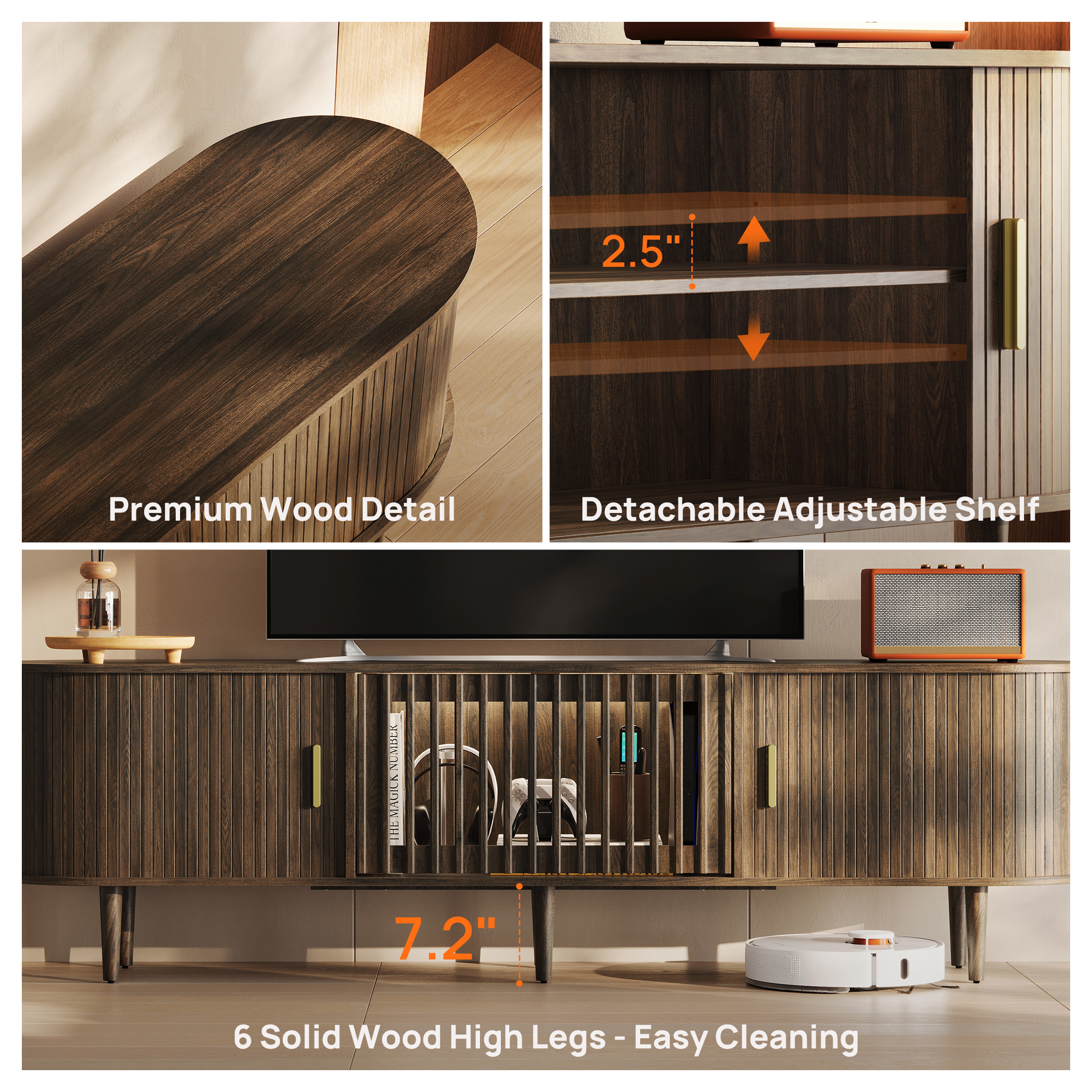 CHIC HOUSE 70" LED TV Stand for TVs up to 75", Mid-Century Modern Entertainment Center with Storage Shelves & Sliding Tambour Door, Walnut