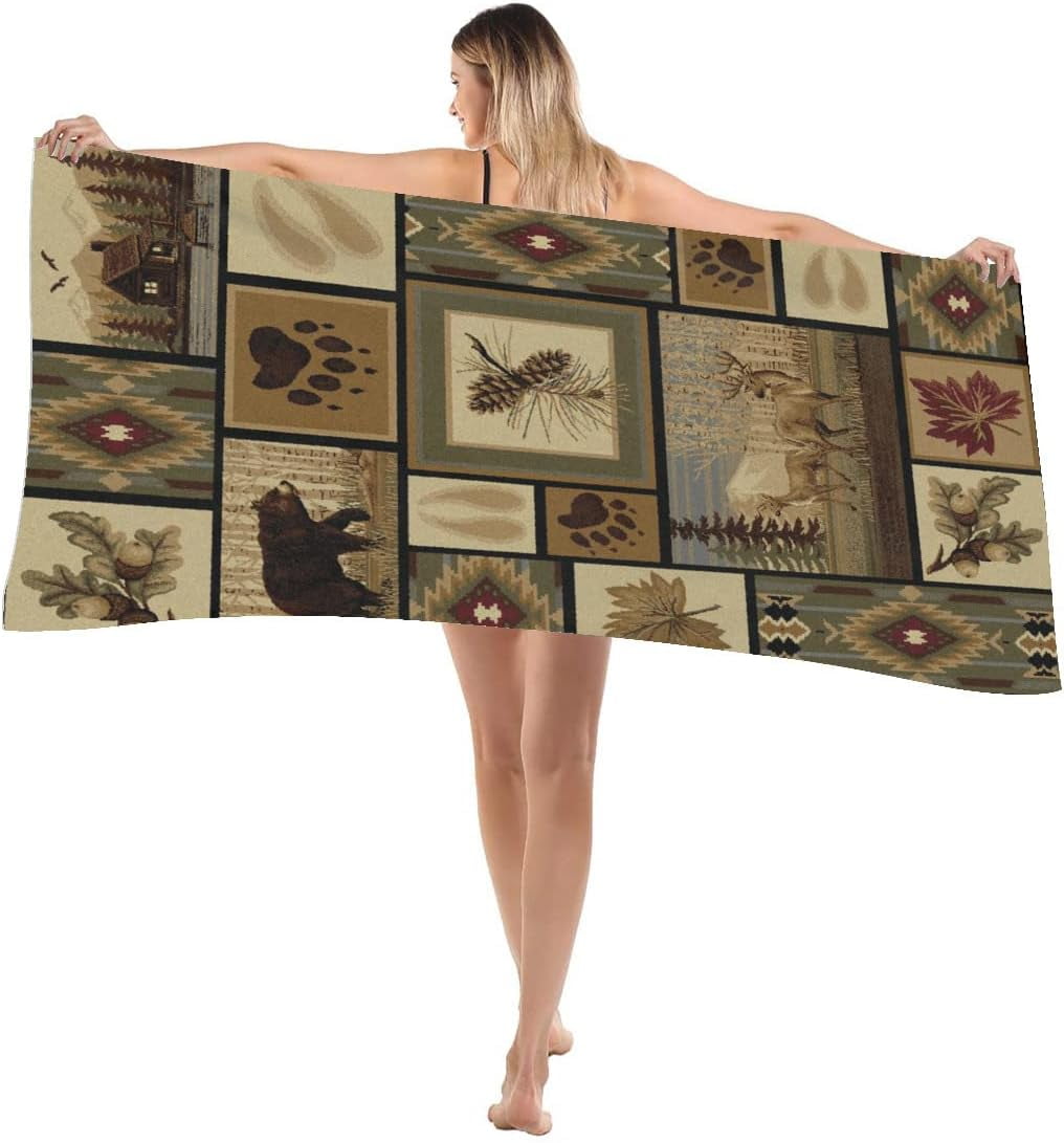Retro Rustic Beach Towel, Moose Deer Bear Leaf Tree Country Style Farmhouse Microfiber Ultra Soft Quick Dry Highly Absorbent Bath Towels for Beach Party Outdoor Travel Swim Pool Yoga 33x52 Inch