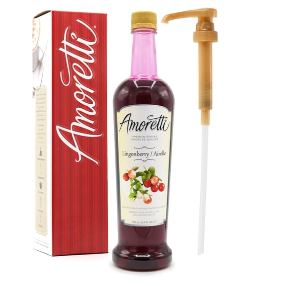 Amoretti - Premium Lingonberry Syrup, 94 Servings Per Bottle (750 ml), with Pump for Flavoring Coffees, Cocktails, and other Beverages, Gluten Free, GMO/GEO Free, Preservative Free