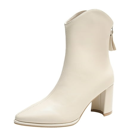 YHGFVOKJ Boots for Women Fashion Leather Autumn Thick Sole Pointed Toe Square Heels Zipper Short Booties Block Heel Pointed Toe Shoes Wide Shoes for Women Beige 38