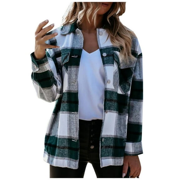 IROINNID Women's Shacket Jacket Long Sleeve Plaid Turndown Lapel Outwear, Leisure Autumn and Winter Plaid Lapel Woolen Cloth Jacket Trench Jacket Long Over Jacket Outwear