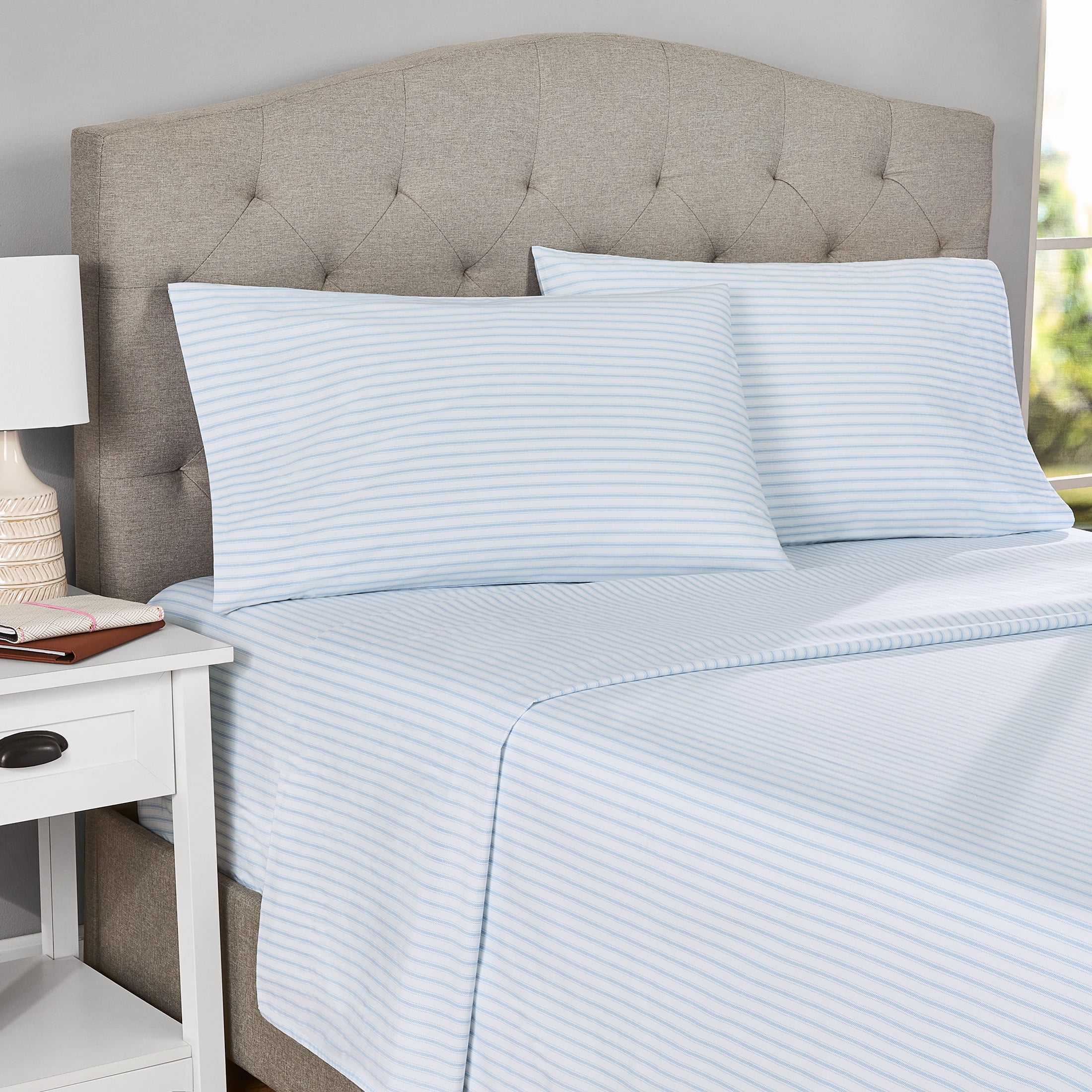Mainstays 4-Piece 300 Thread Count Blue Stripe Cotton Blend Percale Bed Sheet Set, Full