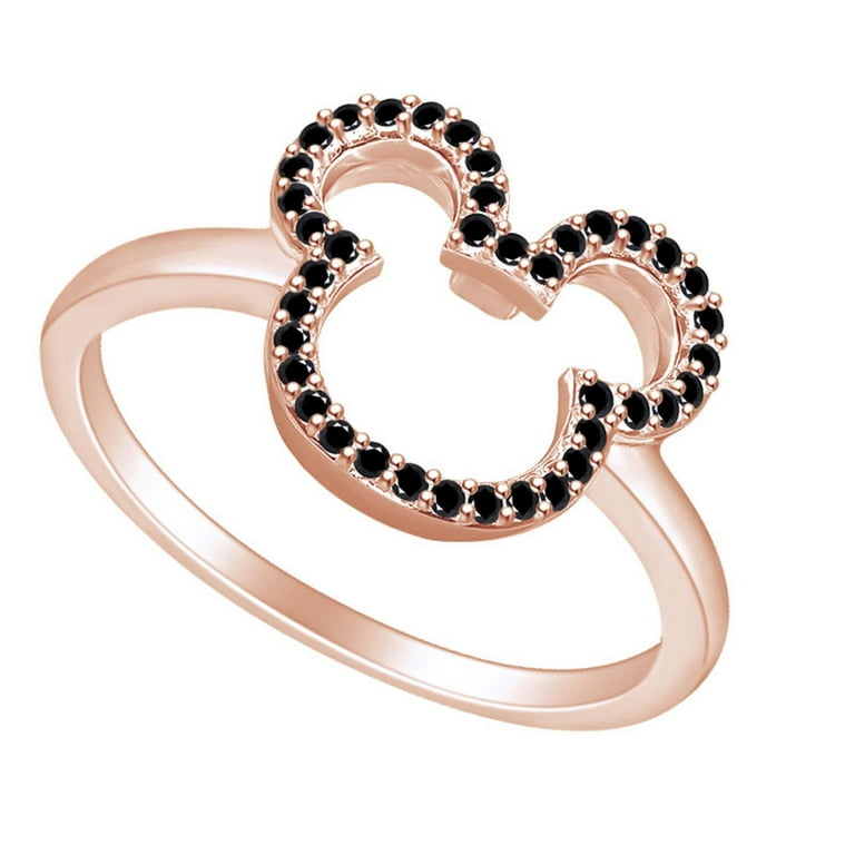 1 6 Carat Enhanced Black Natural Diamond Mickey Mouse Promise Ring 14k Rose Gold Over Sterling Silver Color Black Clarity I2 I3 0.16 Cttw Ring