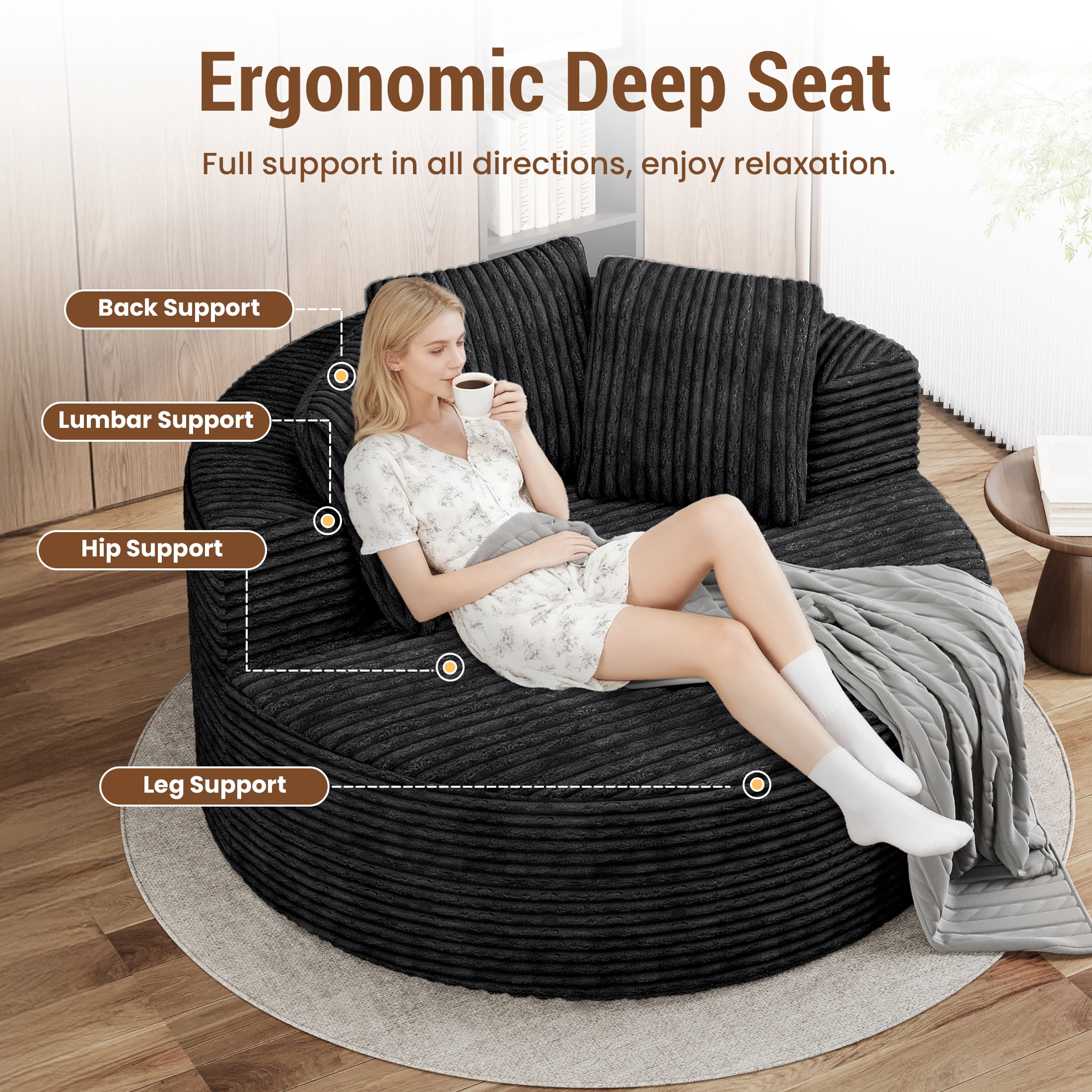 Magic Home Modern Lazy Sofa Foam Couch Sectional Sofa Togo Sofa Floor Sofa for Bedroom,Living Room,Apartment and Small Space,Single Seat Sofa,Black