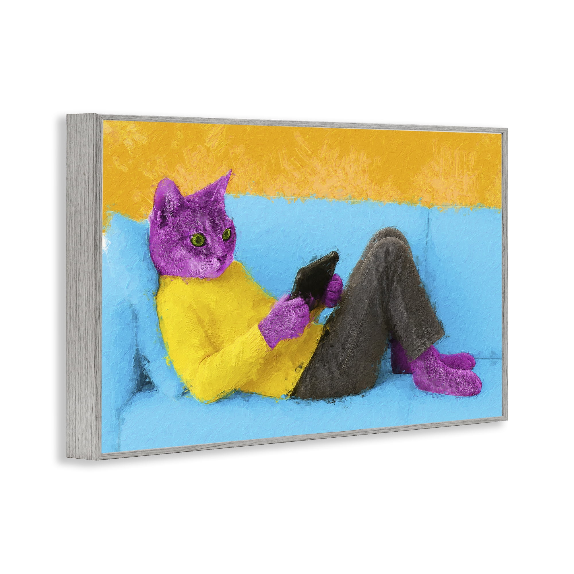 Stupell Industries Vibrant Cat Playing Game Gray Framed Giclee Art, design by Sean Parnell