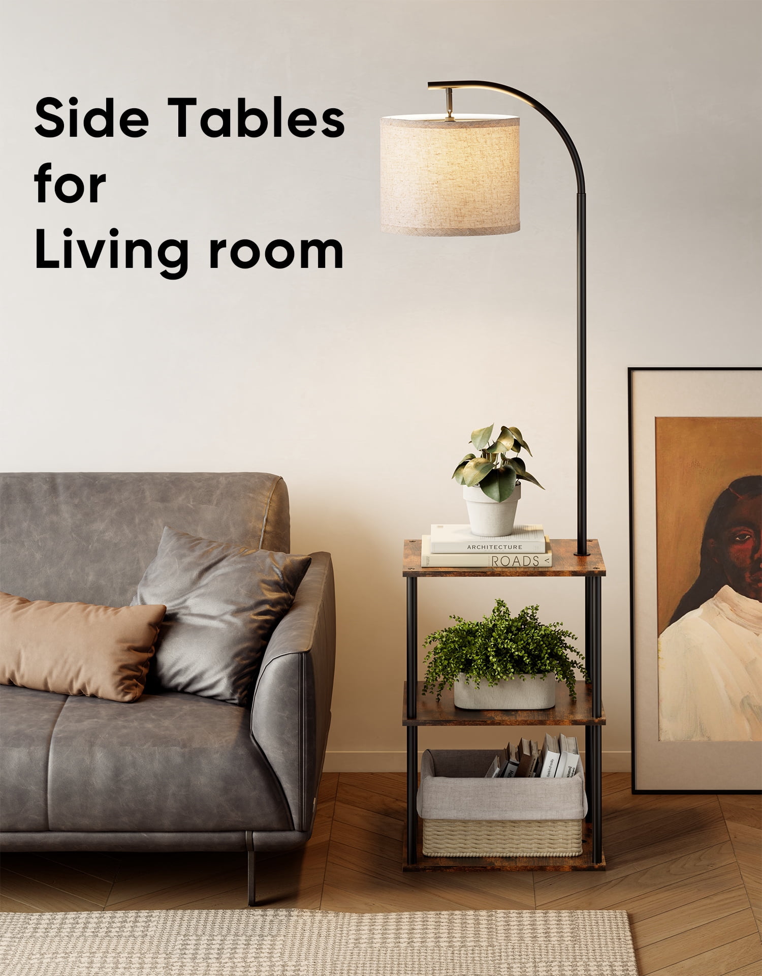 Floor Lamp with Table, Night Stand with Lamp with 3CCT LED Bulb, End Table with Storage Shelves for Home Décor, Rustic Brown