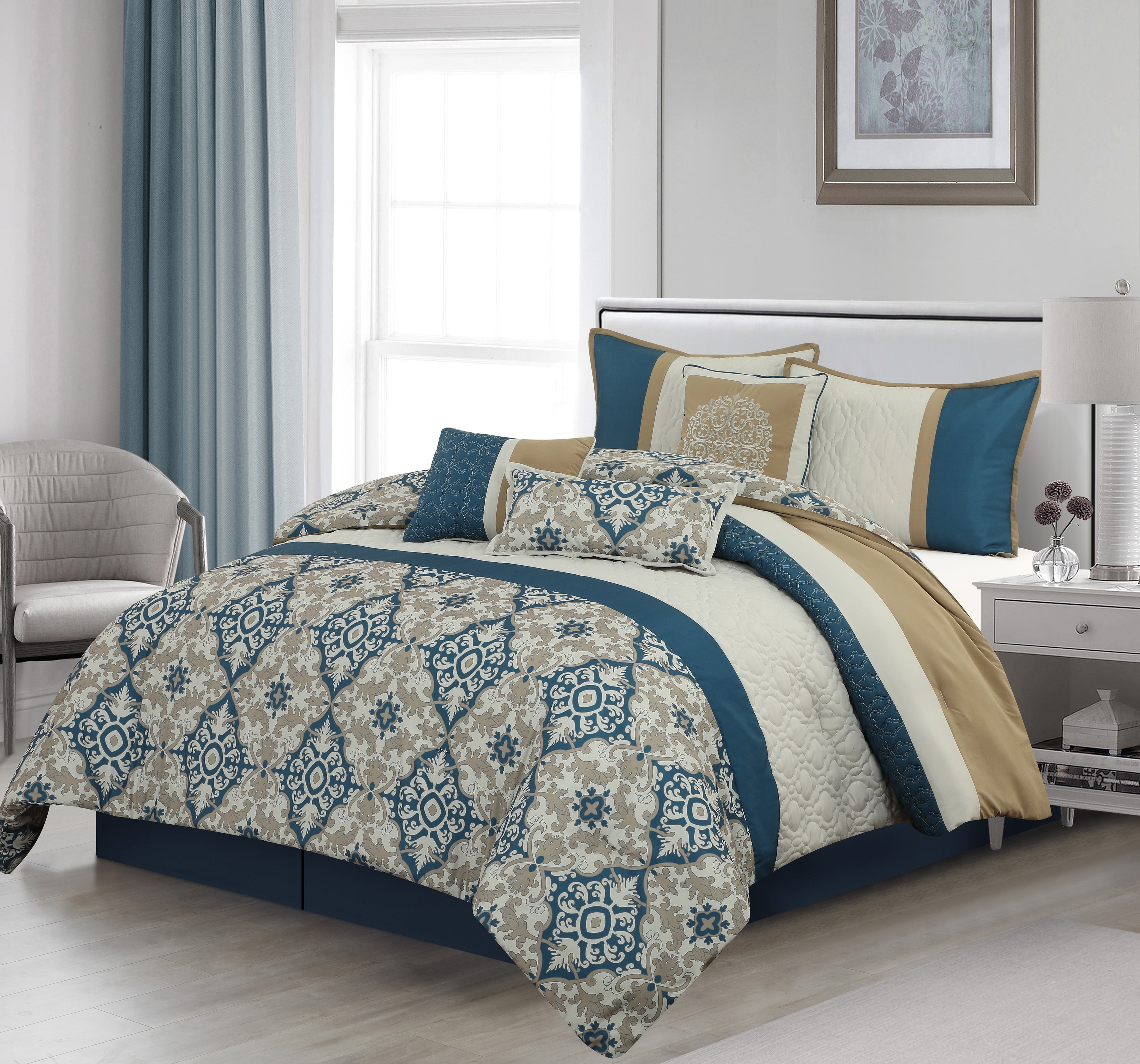 Nanshing Reina 7 Piece Traditional Damask Comforter Set, Blue, Queen