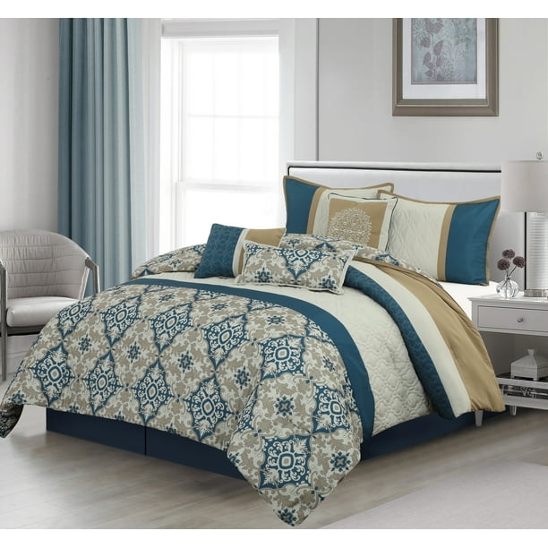 Nanshing Reina 7 Piece Traditional Damask Comforter Set, Blue