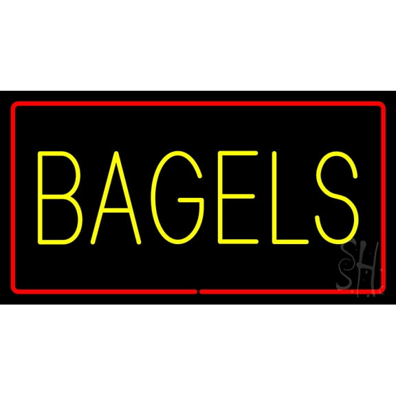 Yellow Bagels Rectangle with Red Border LED Neon Sign 20 x 37 - inches, Black Square Cut Acrylic Backing, with Dimmer - Bright and Premium built indoor LED Neon Sign for restaurant decor.