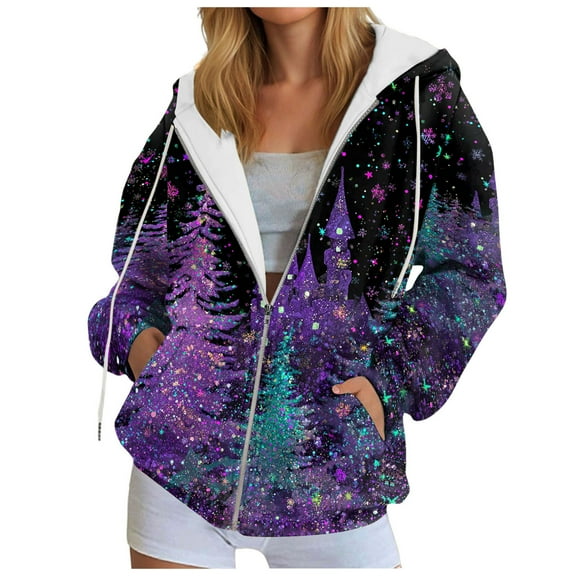 larppty Womens Zip Up Hoodies Fall Fashion Xmas Trees Graphic Sweatshirt 2025 Clothes Y2K Jackets Cute Winter Outfits (Purple, 3XL)