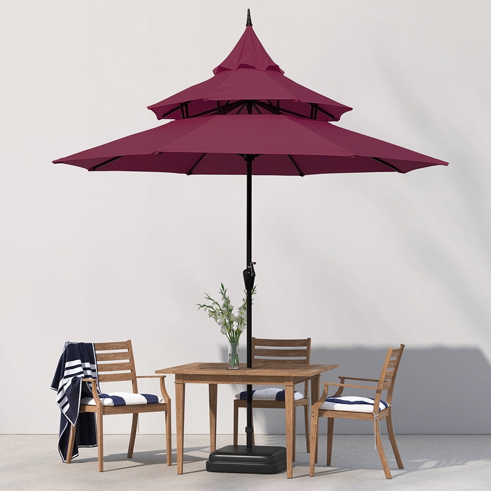 Abble 9ft Patio Umbrella with Crank 3-Tier Pagoda Outdoor Market Umbrella with 8 Ribs for Garden Deck Backyard Pool, Burgundy
