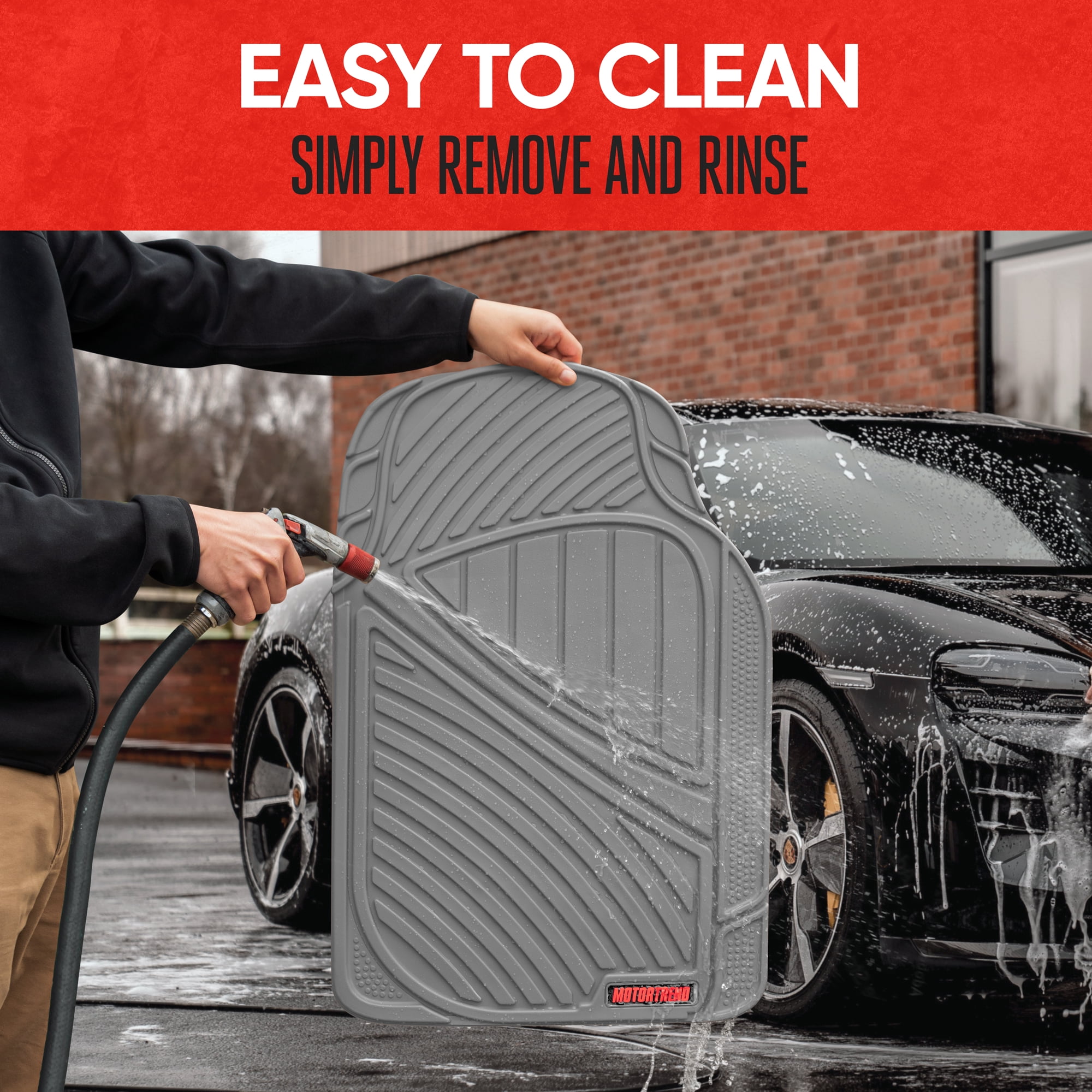 MOTOR TREND & BDK Heavy Duty Gray Rubber Car Mats Full Set - Universal Trim-To-Fit All Weather Floor Mats - Floor Mats for Car Accessories - Front & Back Interior Floor Mats for Truck Accessories