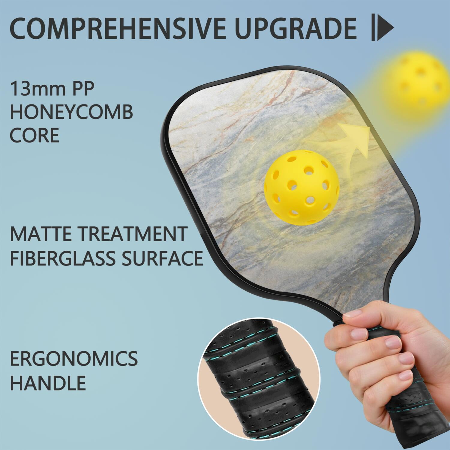 Pickleball Paddles Set Of 2, Fiberglass Surface, Turquoise Marble Pattern, 4 Balls & Bag