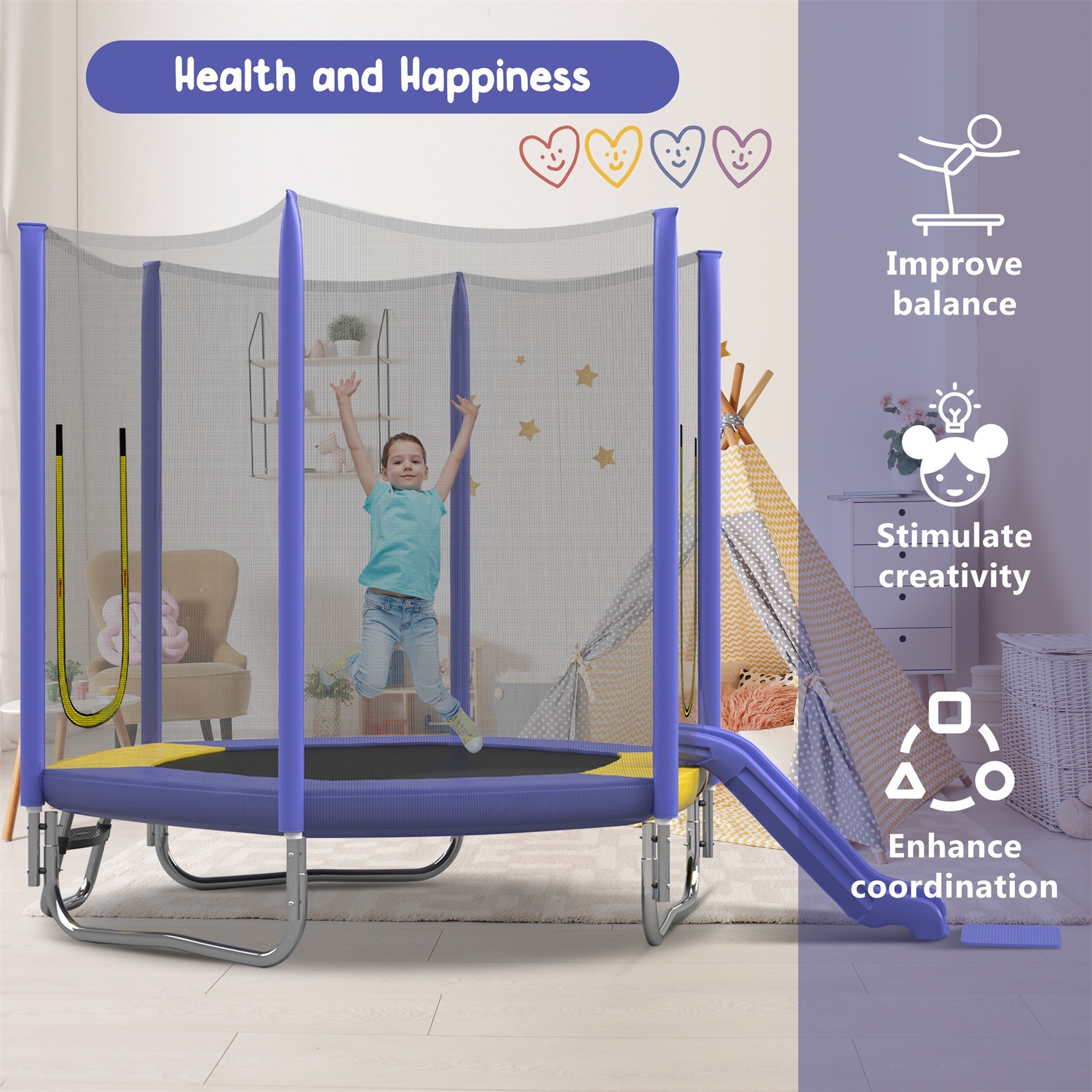 Alvantor 7ft Trampoline with Slide, Hexagon Recreational Trampoline for Kids with Enclosure net and Ladder Purple