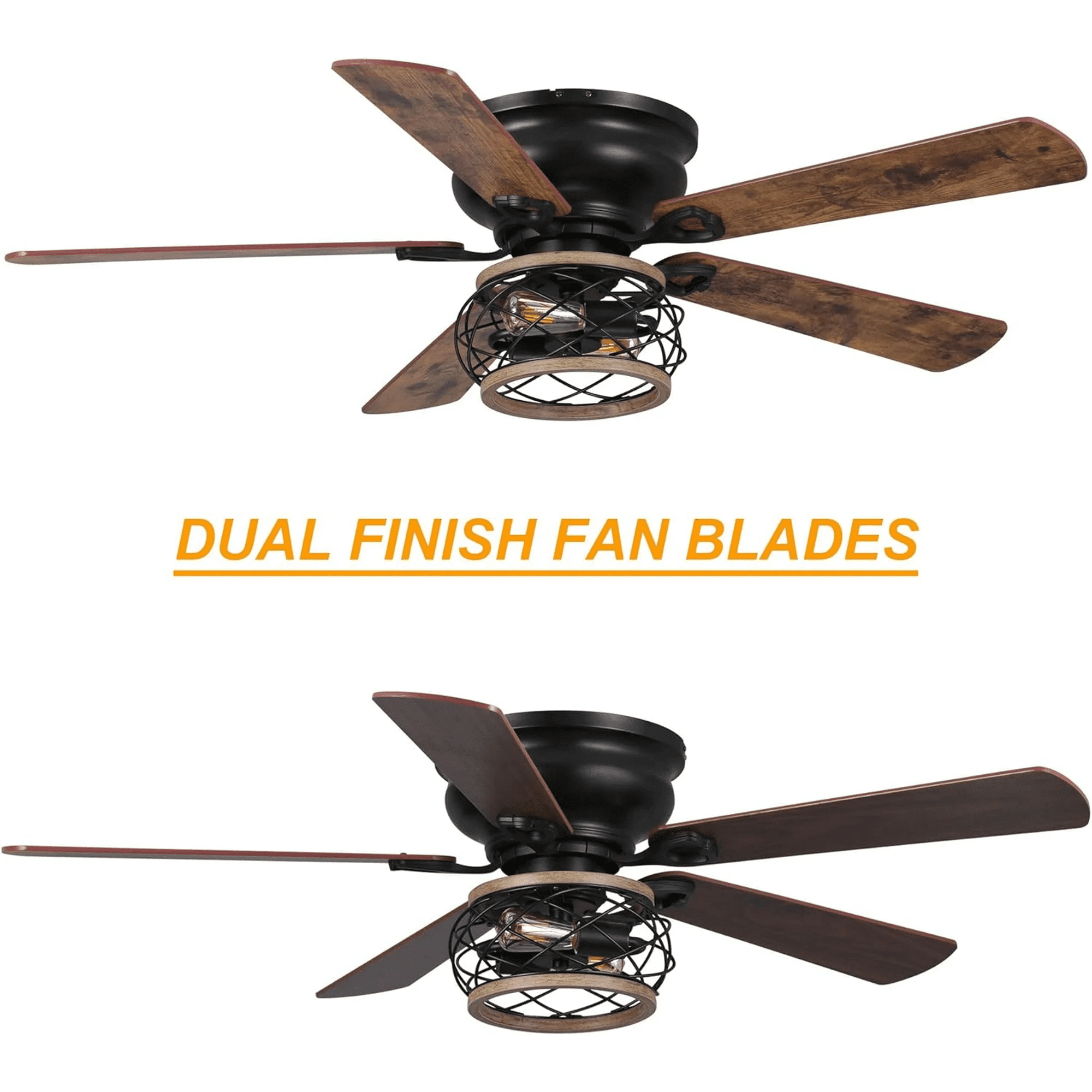 48" Farmhouse Black 5 Reversible Blades Flush Mount Ceiling Fan with Light and Remote Control