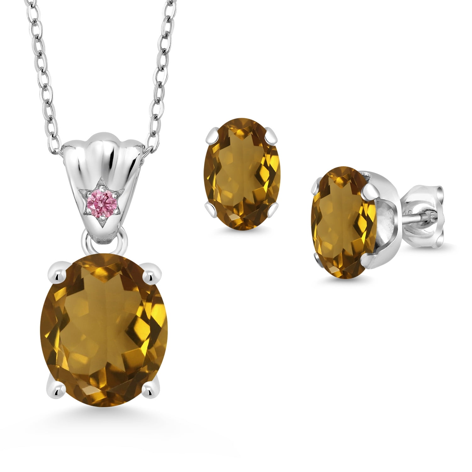 925 Sterling Silver Whiskey Quartz and Pink Lab Grown Diamond Pendant and Earrings Jewelry Set for Women (5.04 Cttw, Gemstone Birthstone, Oval 11X9MM and 8X6MM with 18 inch Silver Chain)