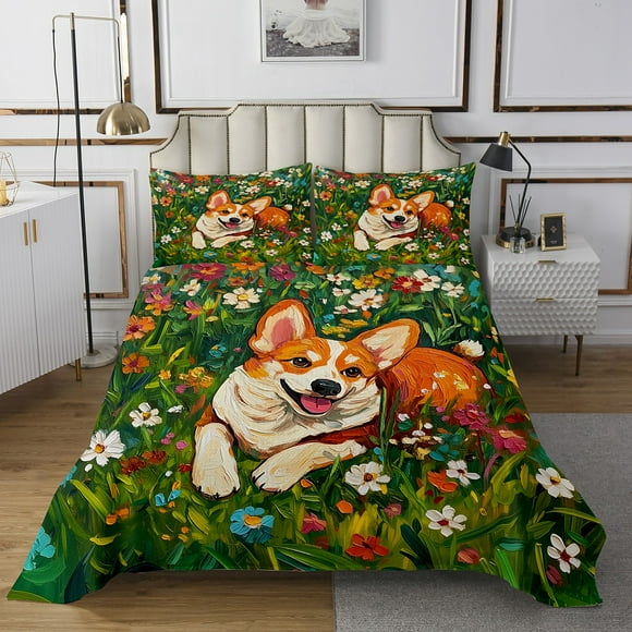 Erosebridal Dog Corgi Quilt Sets for Queen Size Bed,Spring Garden Bed Set,Floral Bedroom Decor,Lightweight,3pcs
