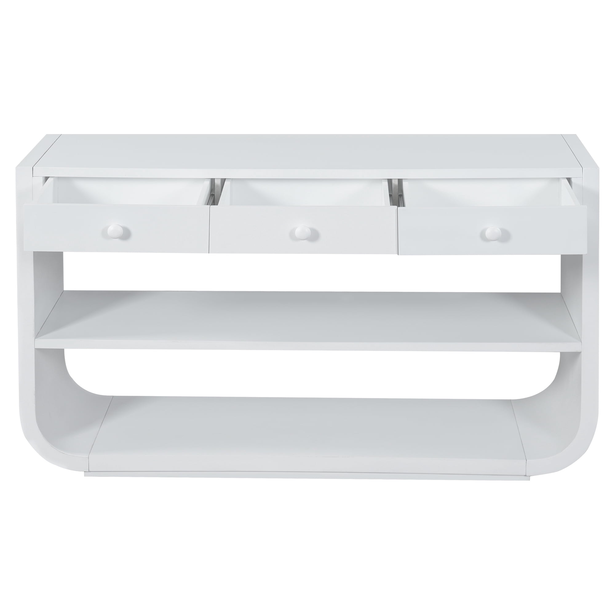 Euroco 55 Inch Curved Console Table with 3 Soft-Close Drawers, 3-Tier Entryway Table with 2 Storage Open Shelves,Wood Narrow Long Sofa Table for Living Room, Hallway, Foyer,White
