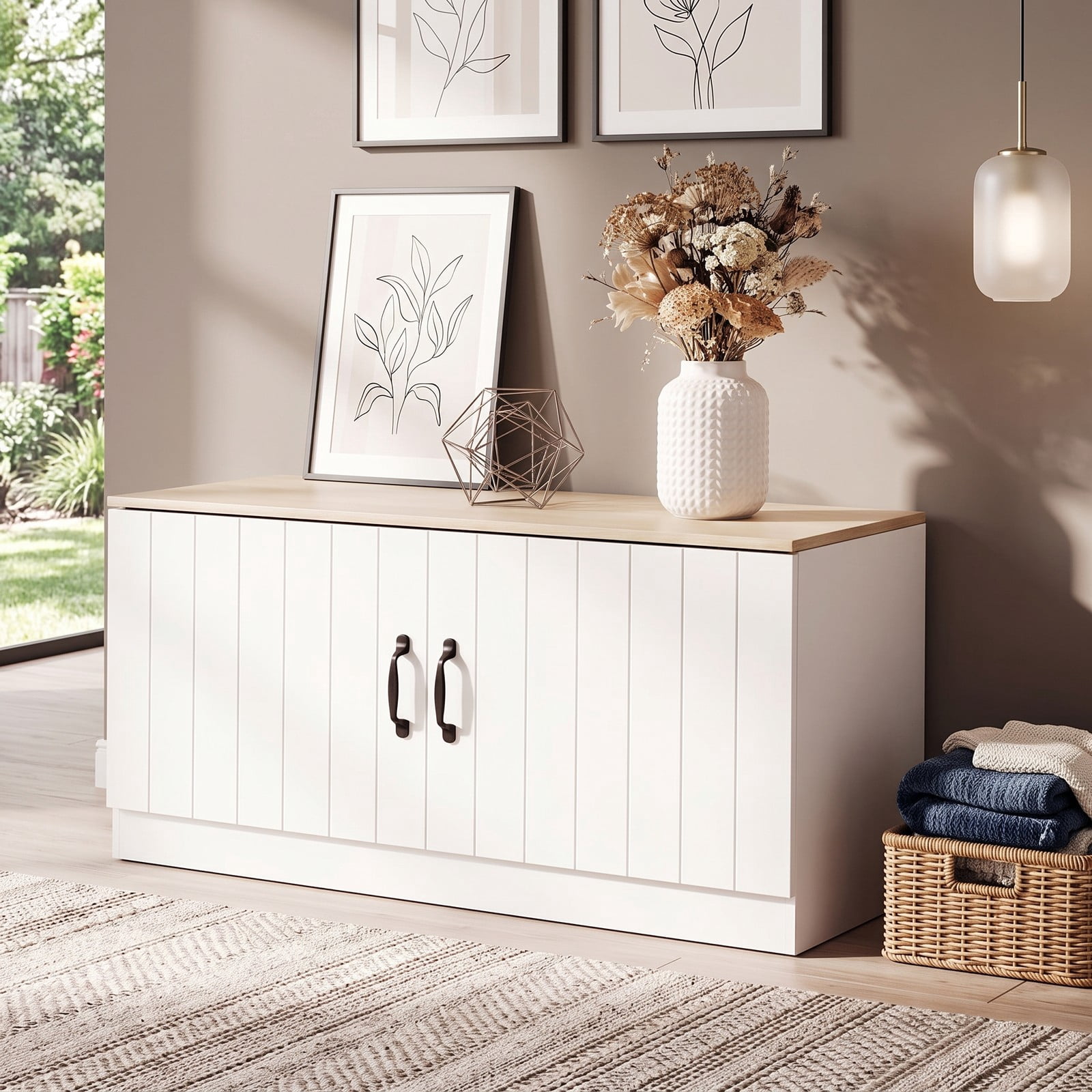 Furnibear 2-Door Shoe Bench Storage Cabinet with Adjustable Shelves and Wide Seat for Entryway Hallway and Bedroom, Natural