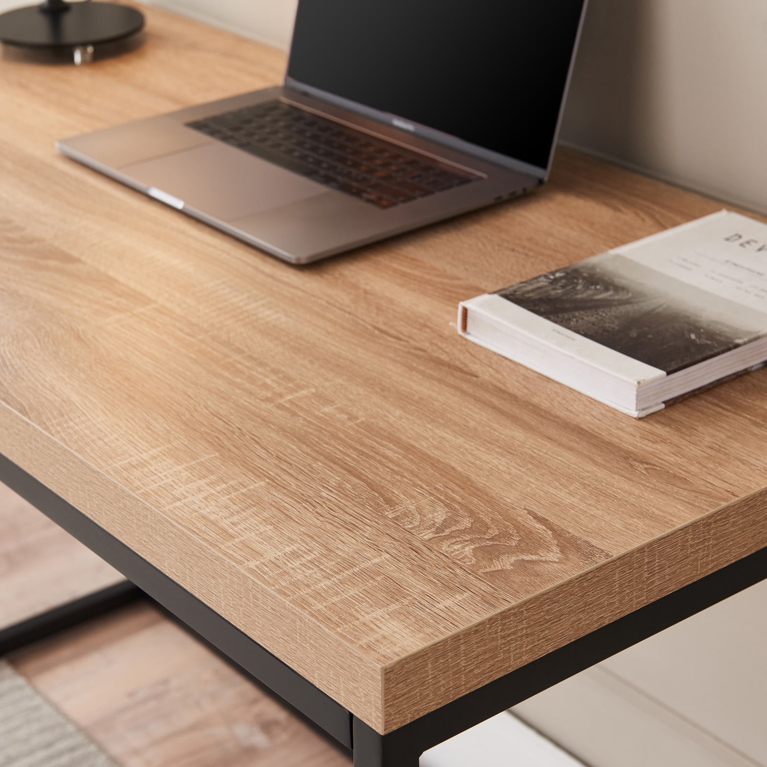 CENSI 47" Computer Desk, Modern Industrial Writing Table with 1.6" Thick Wood Top, Sturdy Metal Frame Home Office Workstation for Study, Bedroom & Living Room, Natural Oak