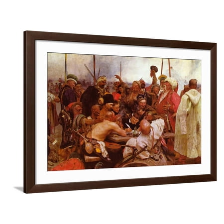 Art.com Zaraporoski Cossacks Send the Turkish Sultan Mahmoud Iv a Letter Art Print by Ilya Repin, Brown Frame Wall Art, 44" x 32"