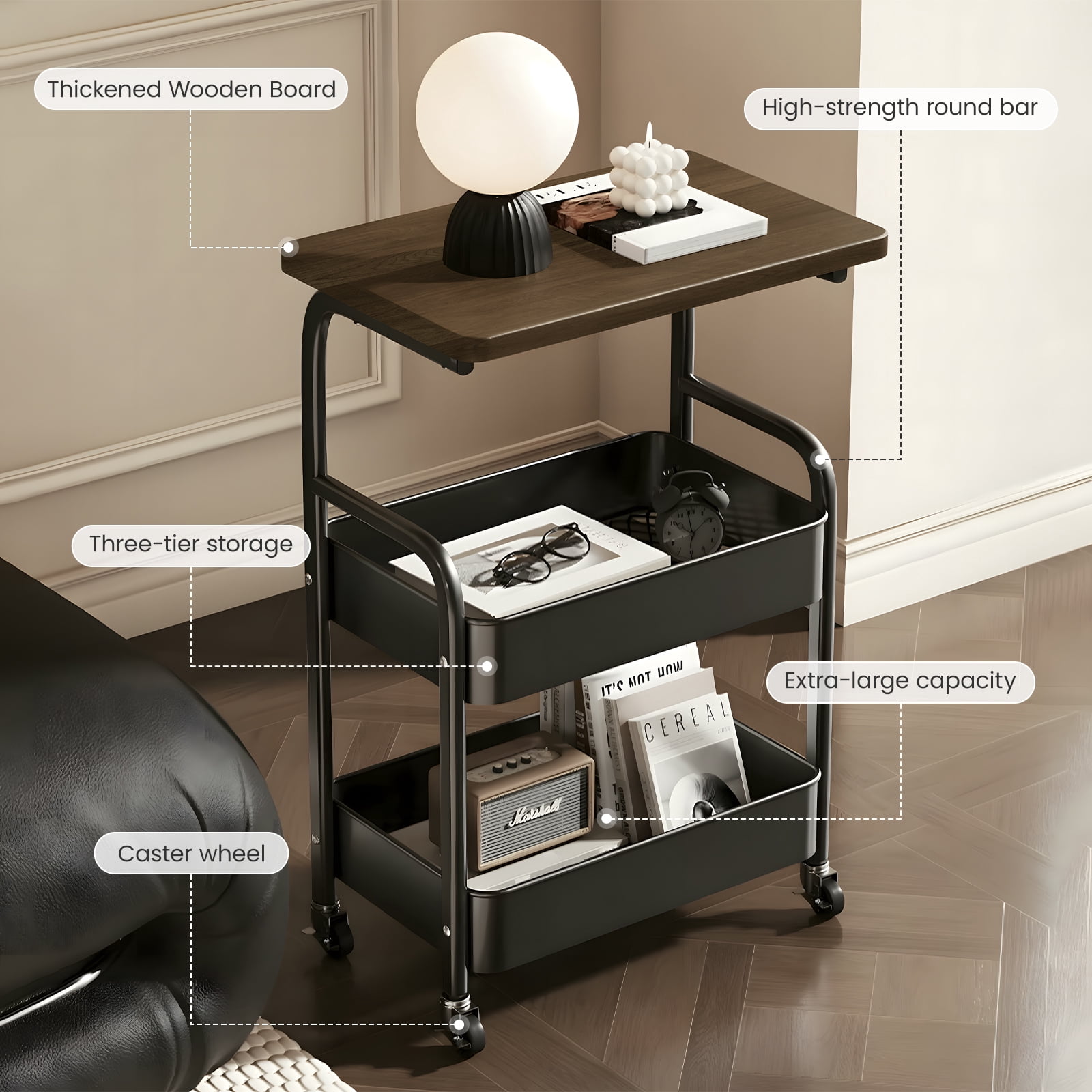 2-Tier/3-Tier Metal Rolling Utility Cart with Walnut Table Top, Lockable Wheels, Mobile Storage Organizer for Kitchen, Coffee Bar, Bathroom & Craft Room