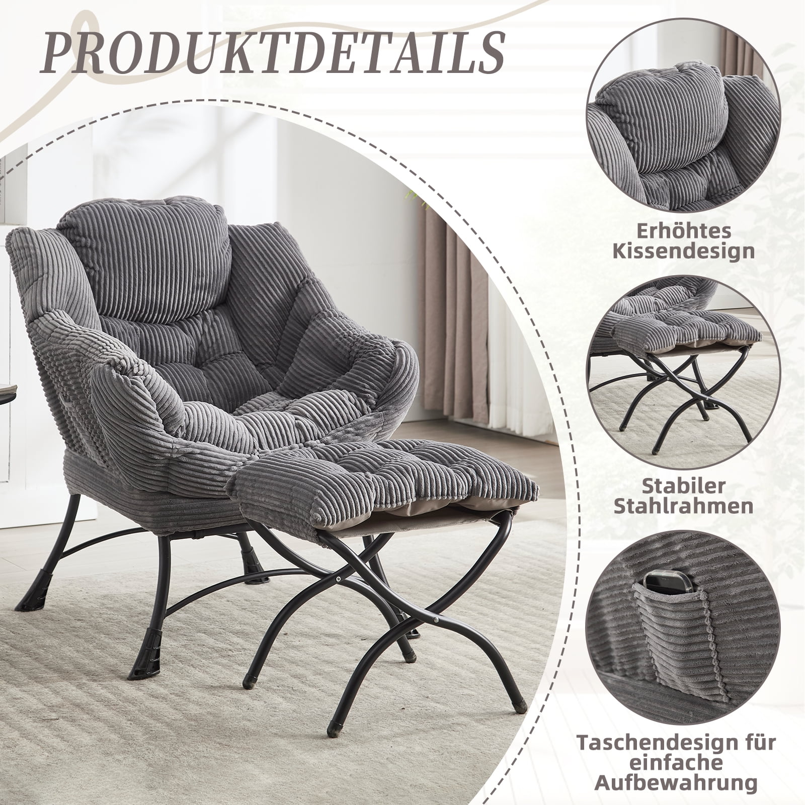 MOONMISS Accent Chair with Ottoman,with Armrests and Side Pockets、 Footrest for Living Room,Gray