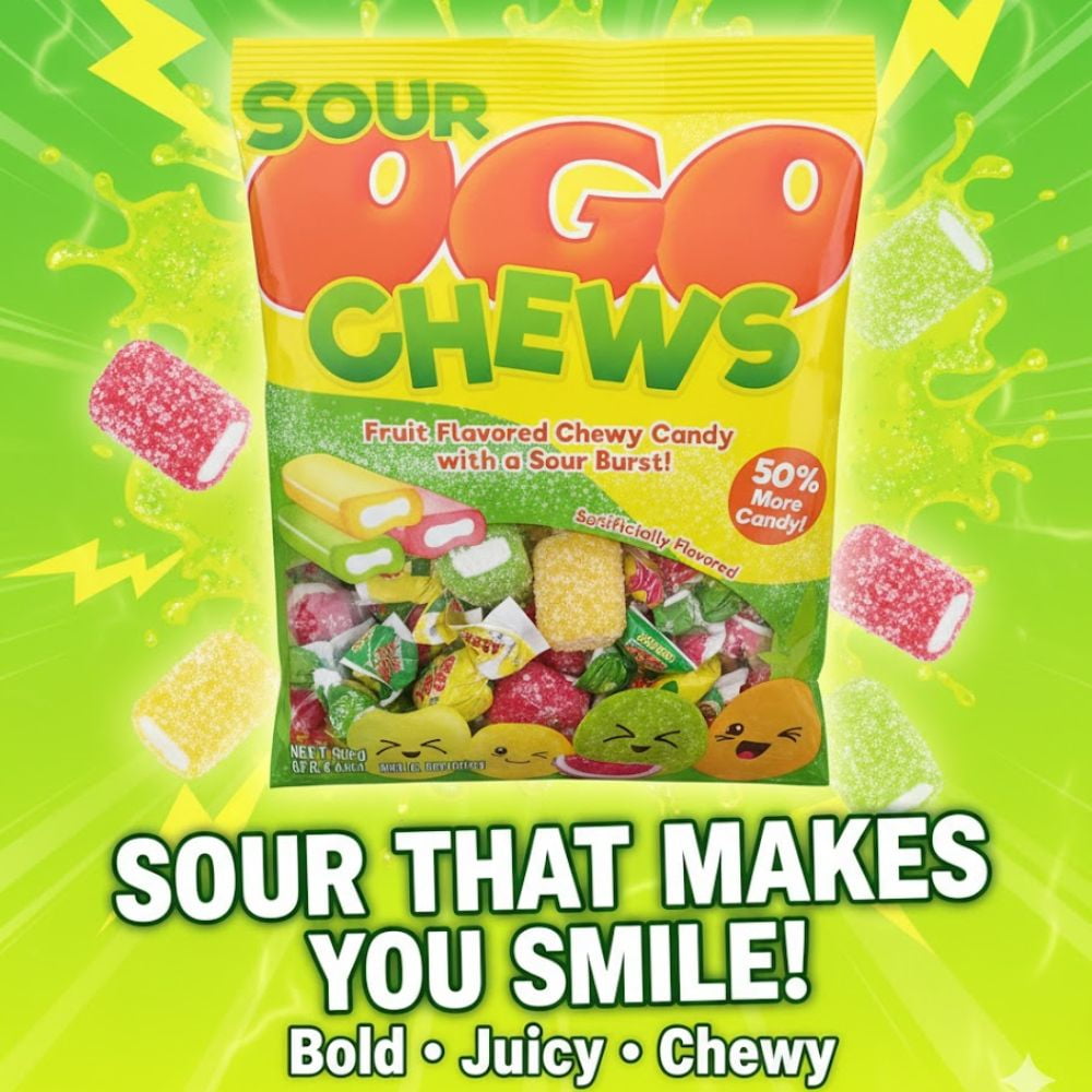 Ogo Sour Chews Fruit Flavored Chewy Candy, Individually Wrapped Sour Burst Center Candy (7 oz Bag)