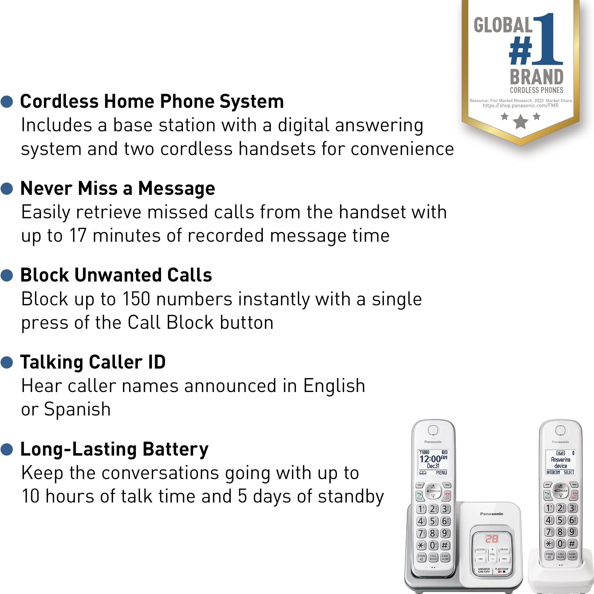 Panasonic Cordless Phone with 2 Handsets, Call Block & Answering Machine - KX-TG3812W
