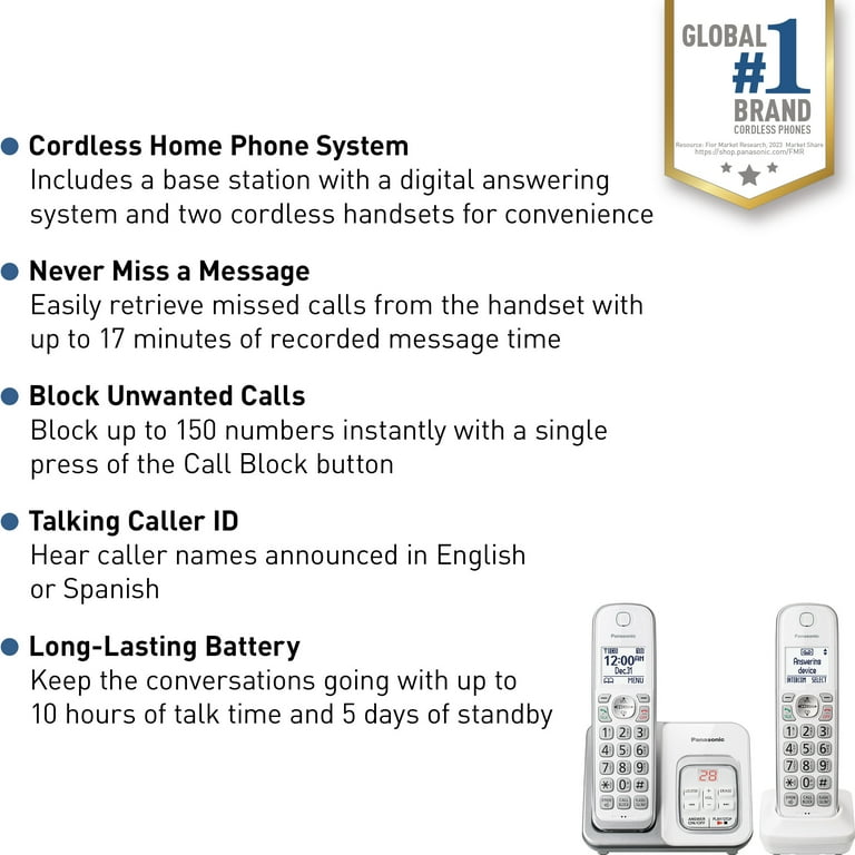 Panasonic Cordless Phone with 2 Handsets, Call Block & Answering