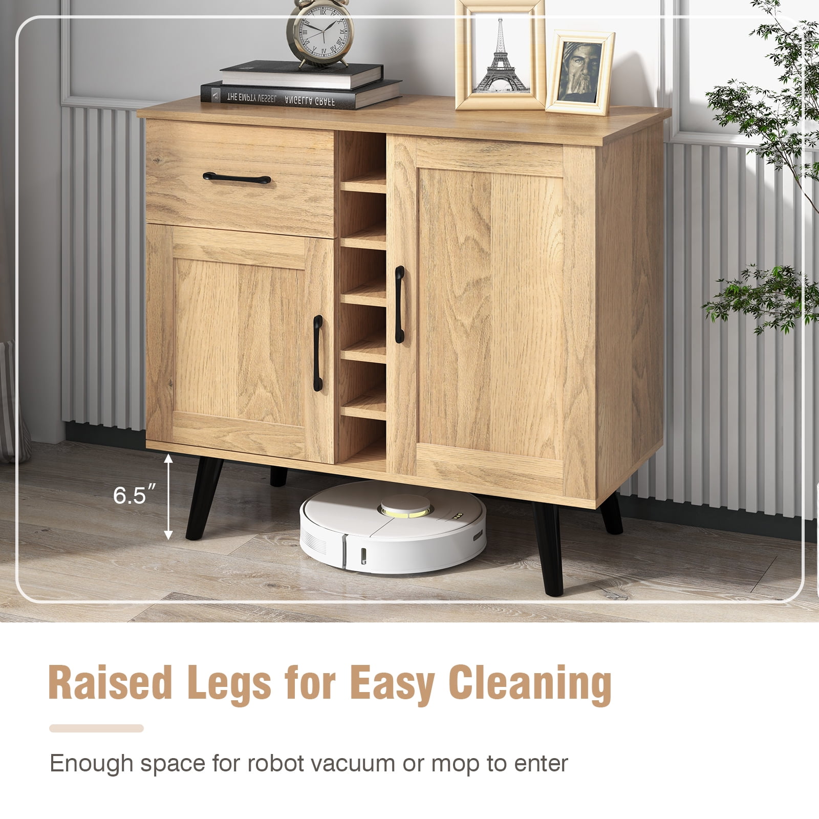 Costway 2-Door Wine Bar Cabinet Kitchen Sideboard Buffet with Drawer & Adjustable Shelves Natural