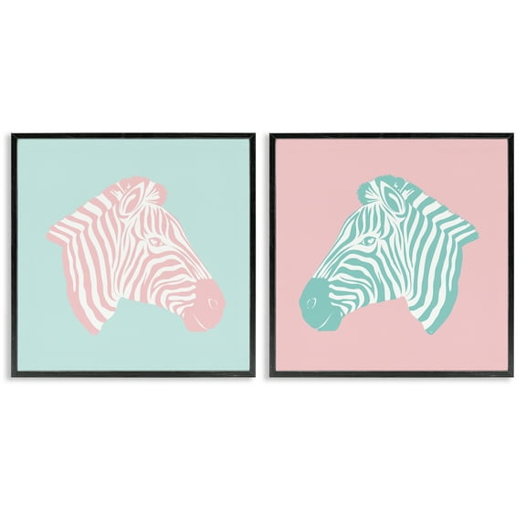 Stupell Industries Sweet Pink and Teal Zebras Animals Painting Black Framed Art Print Wall Art, 12 x 12, Set of 2