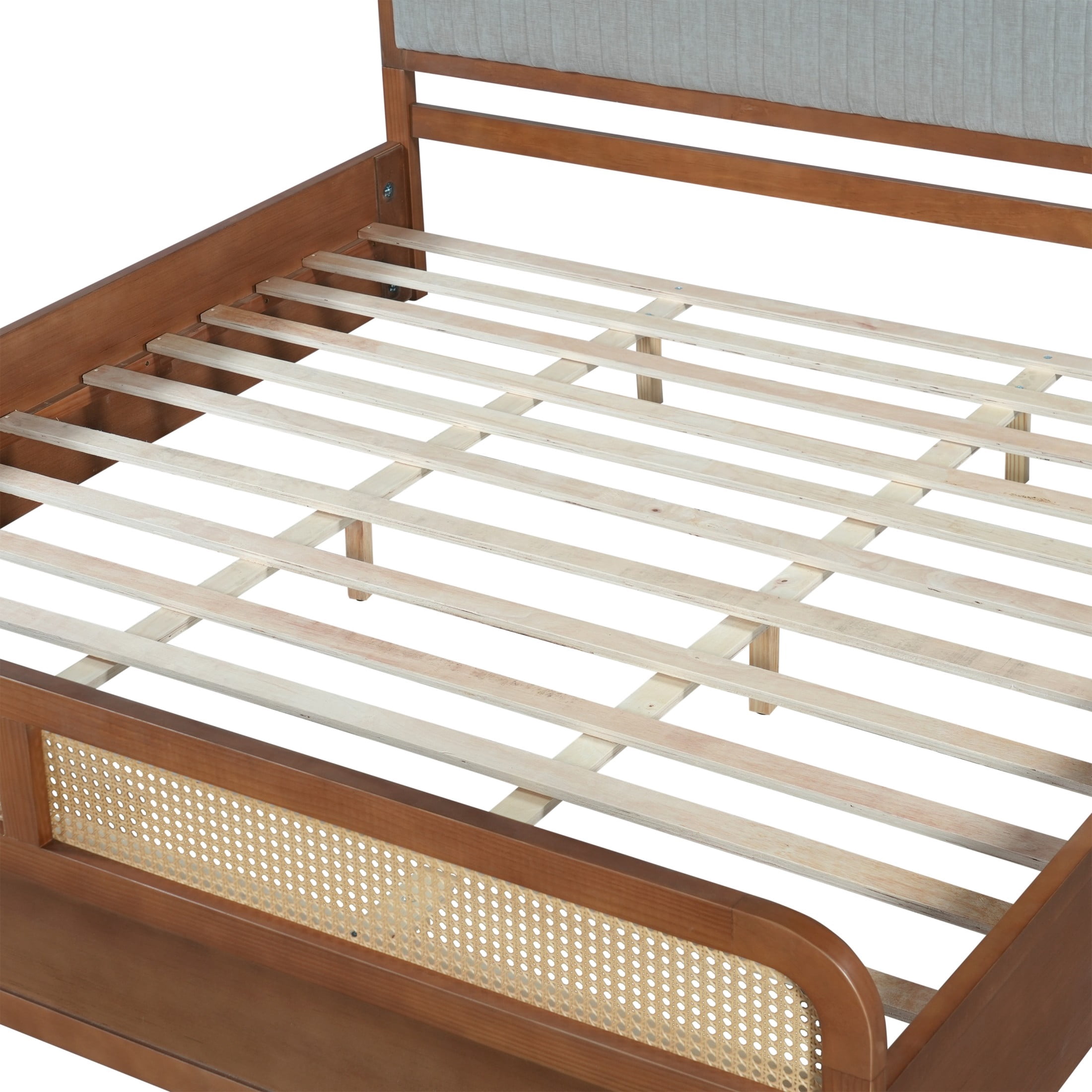 Christopher Knight Home King Wood Platform Bed with Rattan & Gray Upholstered Headboard, Brown Finish