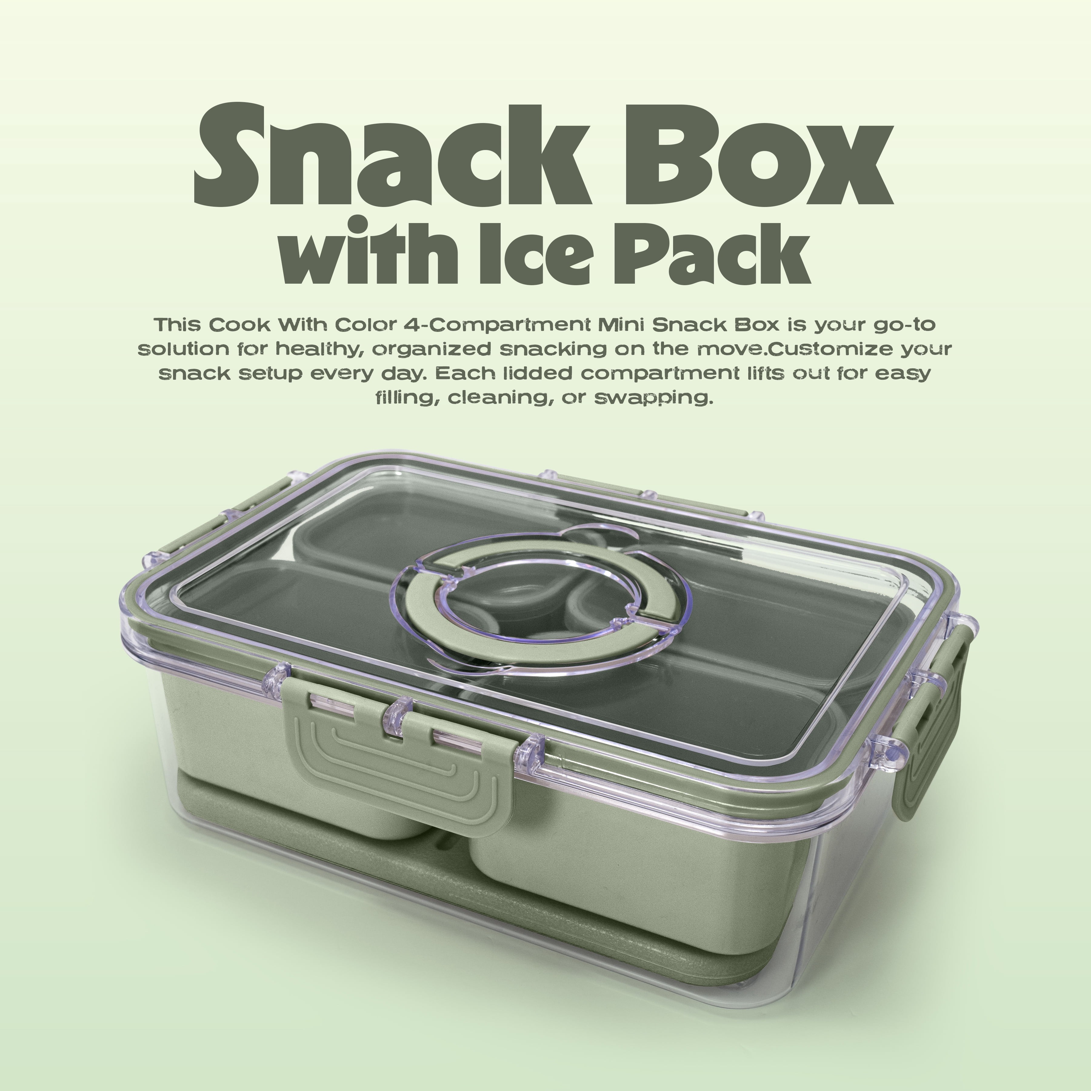 Cook with Color 4-Compartment Portable Snack Box Food Storage Container with Removable Ice Pack, Sage