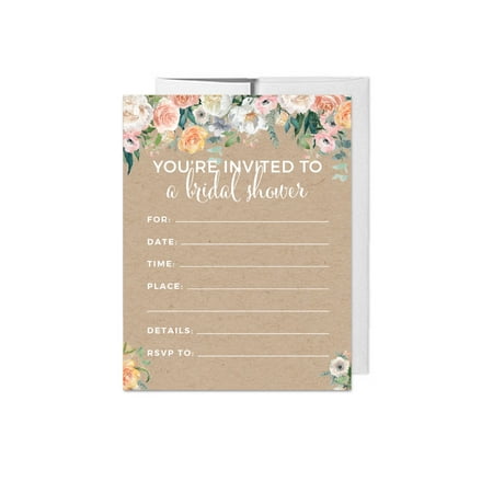 Peach Coral Kraft Brown Rustic Floral Garden Party Wedding, Blank Bridal Shower Invitations with Envelopes,