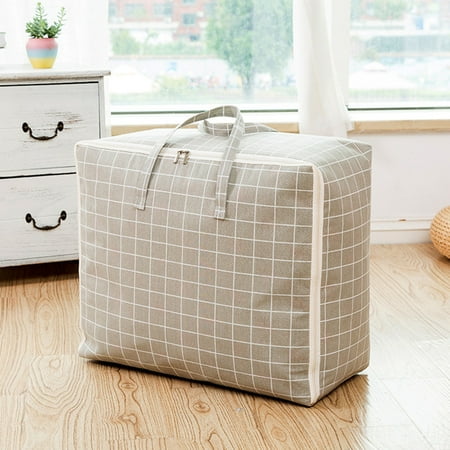

CUH Cotton Linen Bedding Handle Zipper Home Quilt Blanket Box Foldable Clothes Bags Gray Grid Super Large